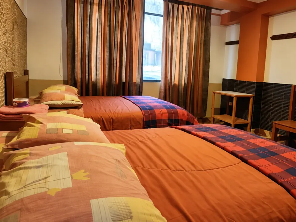 Close view of the two beds in the premium double room at Hotel Manantial, Churín
