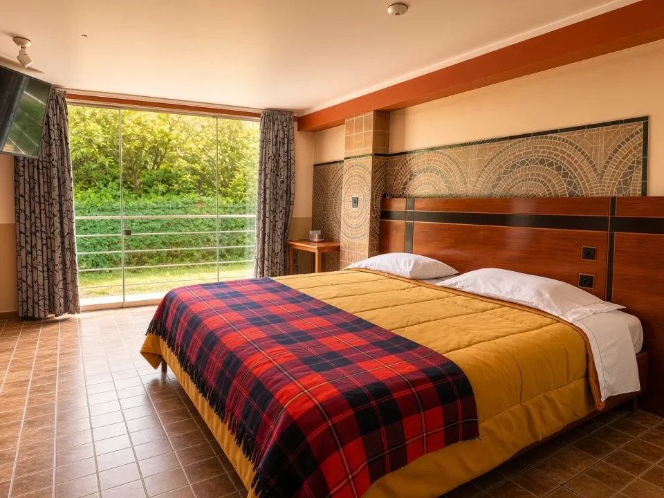 King bed beside the balcony in the king room at Hotel Manantial, Churín